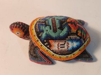 Mexican Beadwork Over Hand Carved Wood Turtle
