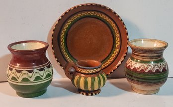 4 Piece Decorated Redware And Pottery Lot