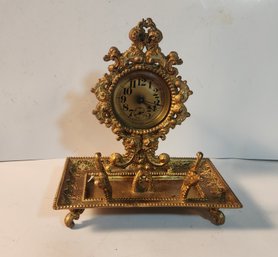 Victorian Brass Desk Clock With Pen Holder In Working Order