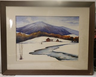 Watercolor Painting  Winter In The Mountainside Signed Maffin 1973