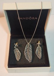 Pandora Sterling Silver Leaf Pendant And Matching Earrings