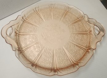 Pink Depression Glass Cherry Blossom Two Handled Serving Plate