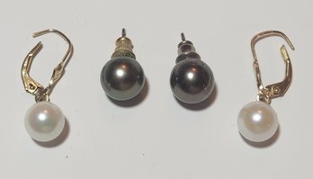 Pair Of Black Pearl And 14 Karat Gold And Pearl Earrins