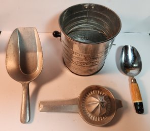 Collectibke Kitchenware Including Bromwell's Measuring Sifter And Two Scopps