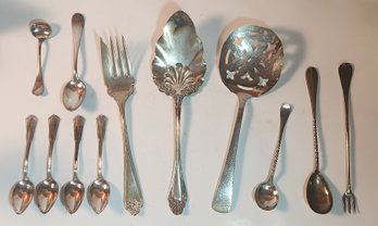 Nickle Silver Meat Fork  And Eleven Assorted Pieces Of Silver Plated Flatware