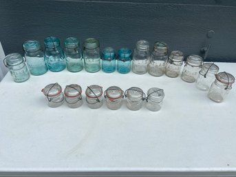 (19) Ball Ideal & Atlas E-Z Seal & Leotric Glass Canning Jars Aqua Green Clear
