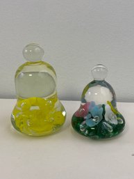 (2) St. Clair Bell Shaped Glass Paperweights Flowers - Joe, Maude & Bob