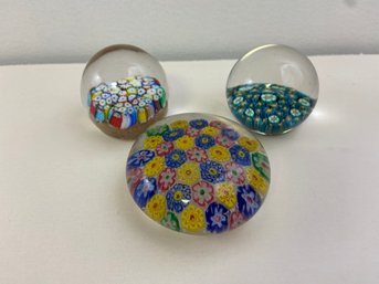 (3) Millefiore Glass Paperweights Flowers - Murano Labels