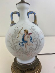Late 19thC Bristol Glass Vase Lamp W/ Cupid Cherub Angel