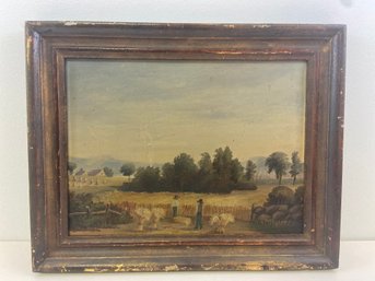 Mid 19thC American Folk Art Naive Oil Painting Of A Country Farming Scene Period Frame