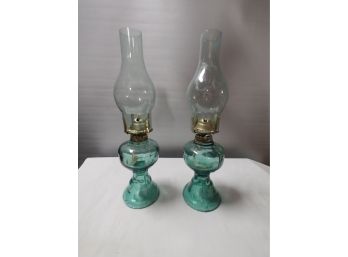 Pair Of Teal Blue Oil Lamps