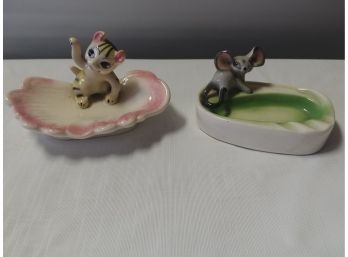 Vintage Japanese Cat And Mouse Ashtrays