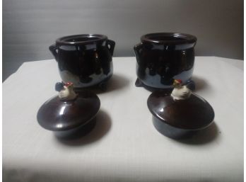 Pair Of Footed Bean Pots With Rooster Finials