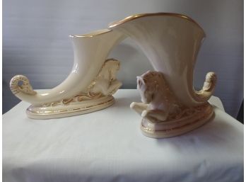 Pair Of Pottery Seahorse Cornucopias