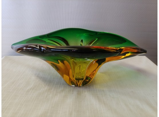 Beautiful Amber Green Murano Glass Oblong Center Bowl