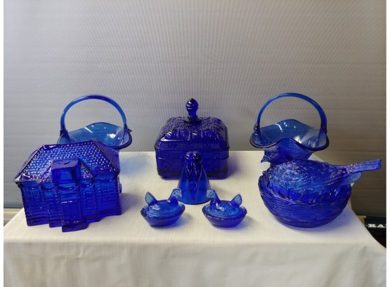 8 Piece Cobalt Blue Glass Lot To Include Beehive Decorated Candy Dish