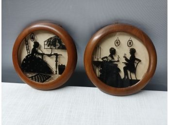 Pair Of Round Maple Framed Reverse On Glass Silhouette