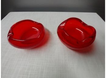 Pair Of Hand Blown Mid-century Ruby Glass Ashtrays With Controlled Bubble Design