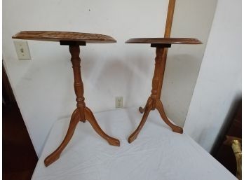 Pair Of Solid Oak Round Floral Carved Side Tables