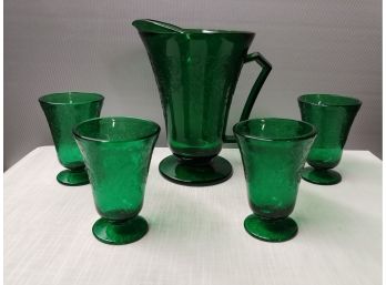 5 Piece Emerald Green Glass Poppy Pattern Waterset