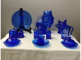 9 Piece Cobalt Blue Glass Lot Including Shirley Temple Mug And Bowl