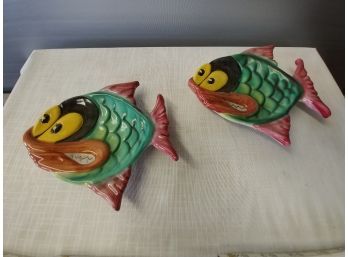 Pair Of Mid-century Hand-painted Italian Fish Wall Plaques