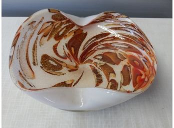 Hand-blown Murano Glass Bowl With Silver Foil And Pinched Edges On Opposing Sides