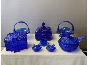 8 Piece Cobalt Blue Glass Lot To Include Beehive Decorated Candy Dish