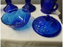 7 Piece Cobalt Blue Glass Line Include Pair Of Covered Swan Creamers