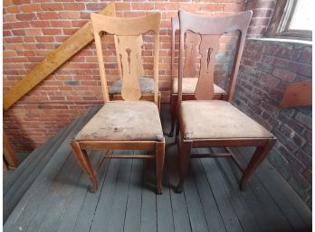 Set Of  Four Antique Solid Oak Table Foot Dining Chairs With Pierced Backs