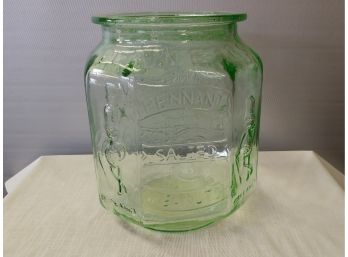 Green Glass Planters Pennant 5 Cent  Salted Peanuts Advertising Jar