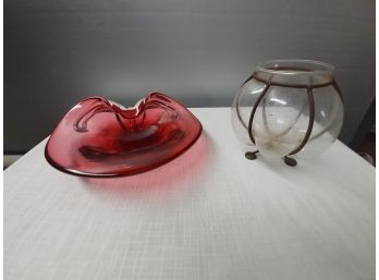 Cranberry Murano Glass Candy Dish And Iron And Glass Planter