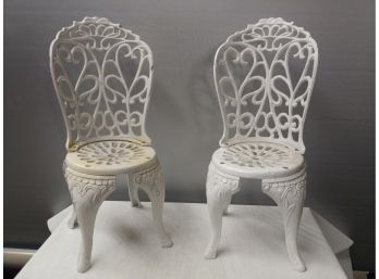 Pair Of Fancy Victorian Style Doll Size Cast Iron Chairs