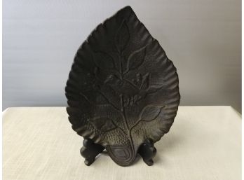 Unusual Cast Iron Leaf Dish With Bird On Branch Decoration