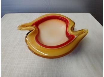 Mocha Colored Murano Glass Bowl With Red Banded Interior