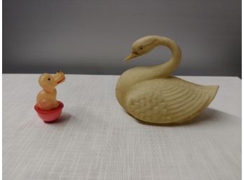 Two Antique Celluloid Toys Large Swan And Rolly Polly Dog