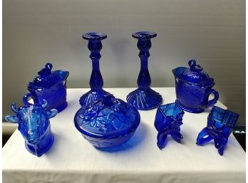 7 Piece Cobalt Blue Glass Line Include Pair Of Covered Swan Creamers