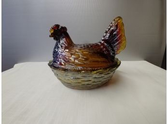 Large Carnival Glass Hen On Nest Covered Dish