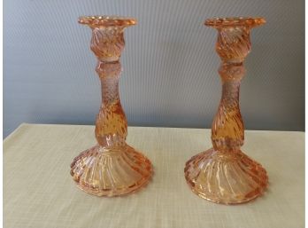 Pair Of Pink Glass Rope Twist Candle Sticks
