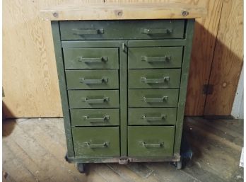 Industrial Green Painted Steel 11 Draw Cabinet With Butcher Block Top