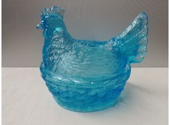 Czechoslovakian Teal Colored Glass Hen On Nest