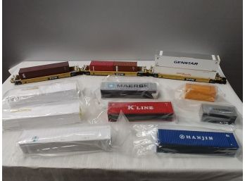 3 H O Scale Container Gandola Cars With 8 Old New Stock Containers