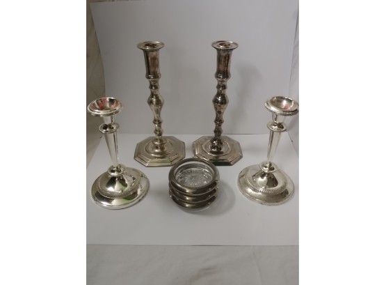 Andrea  By Sadek Silver Over Brass Candlesticks With Smaller Pair Of Candlesticks And Set Of Coasters