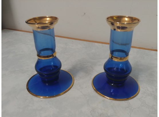 Pair Of Cobalt Blue Glass Candle Holders With Gold Trim Signed Thornberrys USA