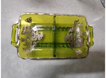 Vintage Avocado Green Glass Divided Dish With Silver Deposit