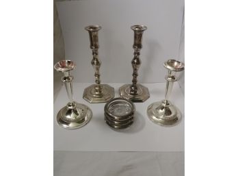 Andrea  By Sadek Silver Over Brass Candlesticks With Smaller Pair Of Candlesticks And Set Of Coasters