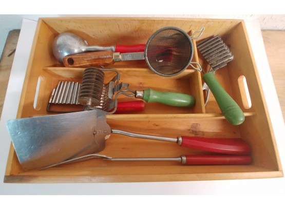 Wooden Silver Carry With An Assortment Of Vintage Kitchen Gadgets