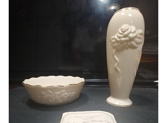 Lenox Porcelain Rose Blossom Vace And Bowl