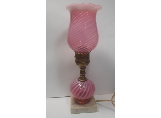 Cranberry Opalescent Swirl Table Lamp With Marble Base
