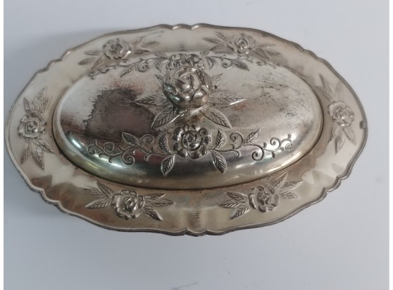 Floral Decorated Oval White Metal Footed Covered-dish Signed Occupied Japan